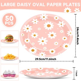 50PCS Daisy Oval Paper Plates 11inch Large Daisy Floral Party Supplies Platters, One Two Groovy Heavy Duty Dish Tray for Wedding Birthday Baby Shower Pink Daisy Flower Summer Spring Dinner Tableware