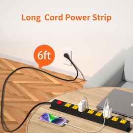 8 Outlet Long Power Strip -2100J Surge Protector Heavy Duty 6FT Extension Cord and Wall Mount Metal PowerStrip for Home Office Workbench Garage Workshop