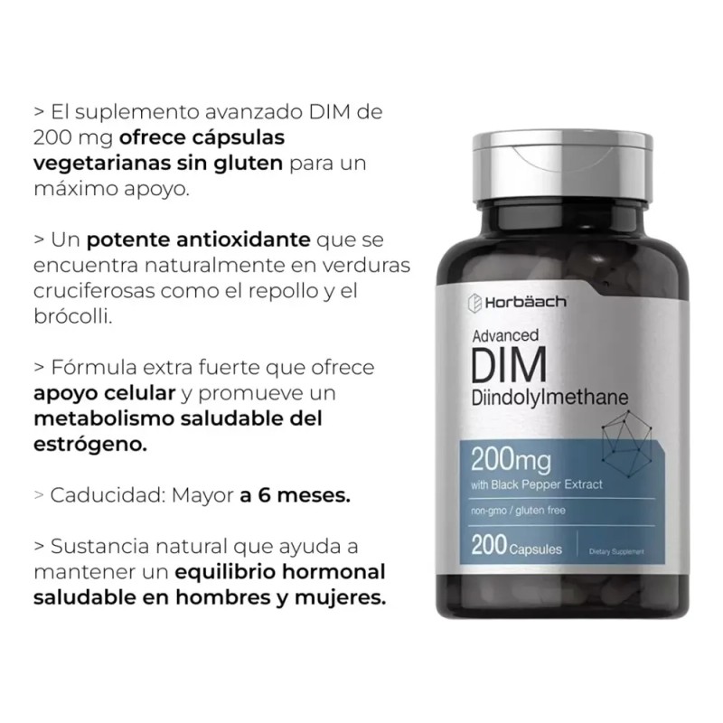 Horbäach DIM Suplemento 200 mg 200 cápsulas Diindolilmetano avanzado con