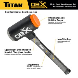 Titan DBX 63632 28oz Dead Blow Hammer with Interchangeable Polyurethane & Steel Striking Faces, Rebound Resistant, 14" Shock Absorbing Fiberglass Handle with Textured Grip