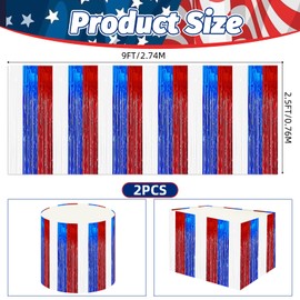 2 Pack 2.5ft x 9 ft Red White and Blue Metallic Foil Fringe Table Skirt, July 4th Patriotic Tinsel Table Skirts Cover for Rectangle and Round Tables, Labor Day, Veterans Day