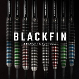 Darts Corner D0791 BlackFin | 26g Dart Set with High Quality 90% Tungsten Straight Shaft and Steel Tip - Includes 6 Flights, 6 Stems, Checkout Card and Storage Case, M1, Black