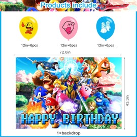 ELZEM Super Bros Birthday Party Decoration,Smash Bros Party Photo Background 5 x 3 FT and 18 Pcs Balloon,Bros Merch Party Backdrop Supplies