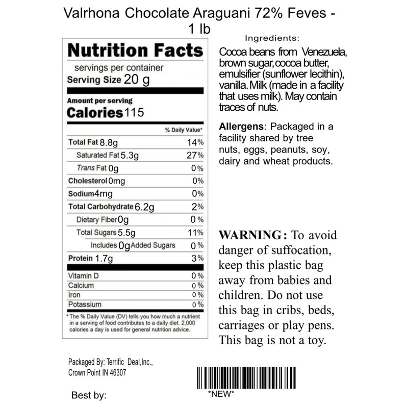Valrhona Chocolate Araguani 72% Feves - 1 lb