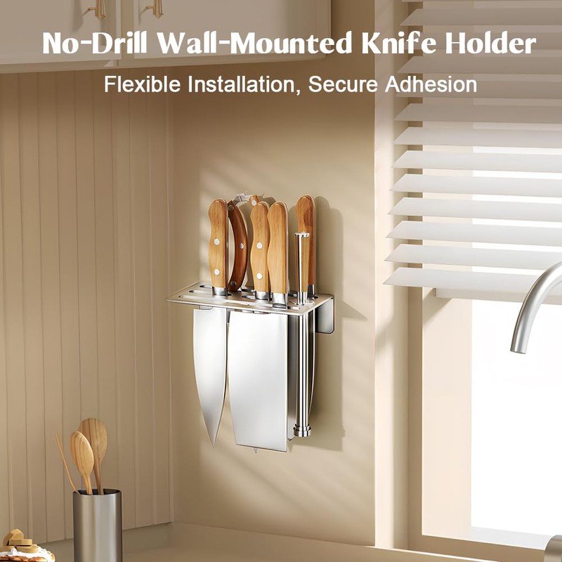 2-Pack Stainless Steel Knife Holder - Wall-Mounted, No-Drill Installation, Heavy-Duty