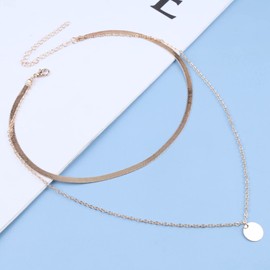 Inilbran Boho Layered Snake Chain Necklace Choker Gold Disc Coin Pendant Necklace Vintage Flat Herringbone Chain Necklace Disc Coin Choker Necklace Jewellery for Women and Girls