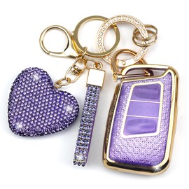 YIKECASE Key Fob Cover with Diamond Keychain Car Key Holder Compatible with VW Volkswagen Atlas Tiguan Passat Jetta GLI Taos Arteon Smart Remote Key Protector for Women, (Purple-Heart)