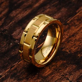 100S JEWELRY Tungsten Ring For Men Women Wedding Band Gold Brick Pattern Brushed Grooved Size 6-16 (tungsten, 14)
