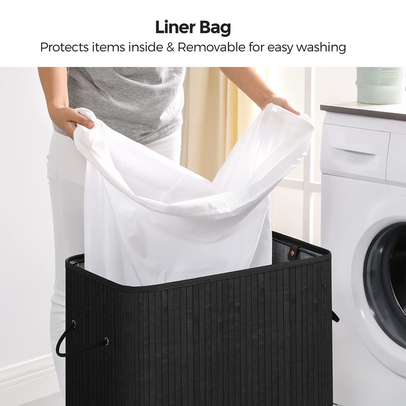 SONGMICS Laundry Hamper with Lid, Bamboo Laundry Basket, Removable Machine