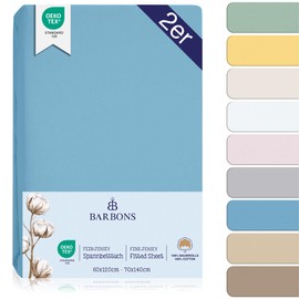BARBONS Fitted sheets for baby cot, 60 x 120 cm / 70 x 140 - 100% Jersey Cotton, Oeko-Tex Standard 100 certified bed sheet for baby cot, light blue, 60 x 120/70 x 140 cm, pack of 2