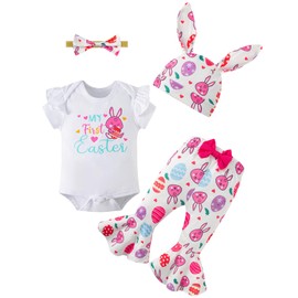 InBakjade Baby Girls My 1st Easter Outfit Newborn Rabbit Bell Bottoms with Bunny Ears Hat(6-12Months)