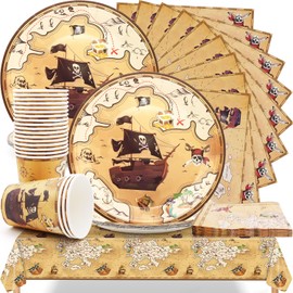 Huaxintoys Pirate Birthday Tableware Set, Treasure Cards Decoration Birthday Set Including 20 Dessert Plates, 20 Cups, 20 Napkins and 1 Tablecloth for Children's Party Birthday Decoration
