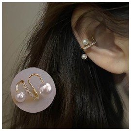 Erimberate Bohemian Pearl Cuff Earrings Crystal Cartilage Cuff Earrings Rhinestone Ear Cuff Earrings Gold Pearl Cuff Wrap Earrings Minimal Cz Clip Wrap Earrings No Piercing Earring Jewelry for Women