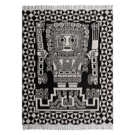 Peruvian Inca Culture Inspired Alpaca Wool Throw Blanket - Luxurious, Soft, and Stylish (Black/Fog Gray, Wiracocha God)