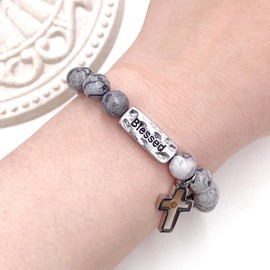 Zircobic Map Jasper Mustard Seed Blessed Stretch Cross Bracelet for Men Women - Semi-Precious Beads Religious Yoga Reiki Bracelets, Calming Healing Jewelry for Church Services Prayer Meetings SJYA4657