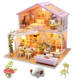 DIY Miniature Dollhouse Kit, AngKng Lovely Tiny House Kit with Furniture and LED Light, Wooden Mini House Making Kit for Adults & Children, Home Decor Creative Gift for Family/Friends-Pink