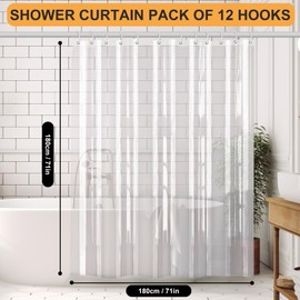 Minicoco Clear Shower Curtain Bathroom Shower Curtains Mould Proof Resistant EVA Washable Waterproof Shower Curtain Anti-Mould with 12 Hooks for Wet Room, Garden, Outdoor, 180 x 180 cm (Transparent)