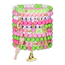 CENAPOG Pink Green Witch Bracelets Crown Witch Hat Friendship Matching Bracelets Stacking Beaded Stretch Bracelet for Glinda Elphaba Movie Fans Gifts