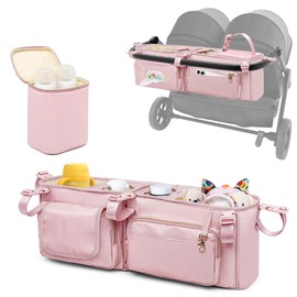Prokva Double Stroller Organizer Compabitle with BOB Duallie and Baby Jogger City Mini GT2 Double Stroller, Double Parent Stroller Caddy Organizer with Cup Holder and Cooler Bag, Black(Empty Bag)