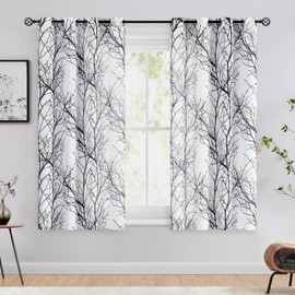 FMFUNCTEX Linen Semi Sheer Curtains for Bedroom, Black White Curtains 54 Inches Long for Living Room, Grey Tree Branch Patterned Curtain Light Filtering Kitchen Window Drapes, Grommet Top 2 Panels