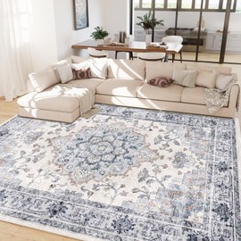 CAPALOCA Machine Washable 9x12 Area Rugs for Living Room Vintage Rugs Carpet Rugs Non Slip Low Pile Water Repellent Soft Print Pattern for Bedroom Indoor Decor Polyester Rug Bluewhite