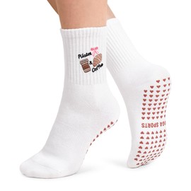yeuG Cute Pilates Socks with Grips for Women Crew Grippy Yoga Socks for Barre, Barefoot Workout, Athletic Embroidery Pattern, 03-1 Pack-coffee, Small-Medium
