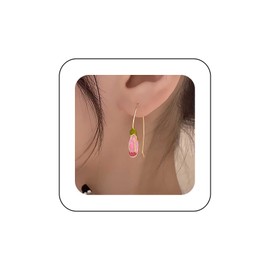 Allereya Vintage Tulip Flower Dangle Earrings Pink Floral Drop Earrings Enamel Tulip Earrings Flower Threaded Earrings Birth Flower Earrings Jewelry for Women