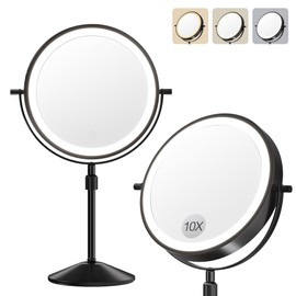 IDEALHOUSE Lighted Makeup Mirror, 360° Rotatable Height Adjustable Double Sided Mirror with Charger, 1x/10x True HD Magnifier, 3 Colors, Adjustable Brightness, Women's Gifts, Black