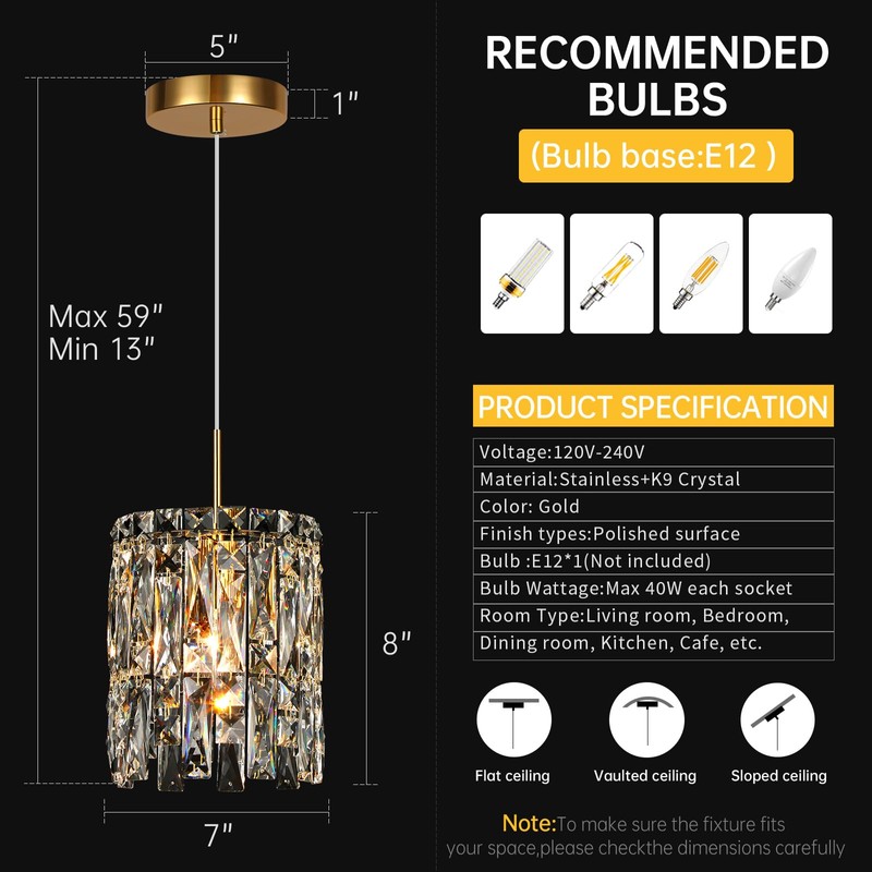 NISIDUN Modern K9 Crystal Pendant Lights Kitchen Island,1 Lighting Gold