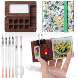 Qilery Spring Mini Portable Watercolor Palette Set Wooden Grid Paint Box Watercolor Paper Sketch Book Brush Pens with Binder Clips for Painters Artists Not Include Paint(Small Flowers)