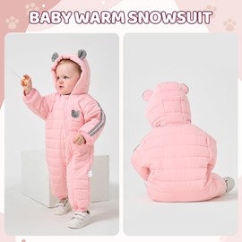 JiAmy Baby Winter Snowsuit Hooded Romper Windproof Boys Girls Cute Bear Zipper Jumpsuit Infant Newborn 12-18 Months Pink