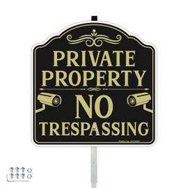 Faittoo No Trespassing Sign Private Property with 42" Stake, 12"x12" Rust Free Heavy Aluminum, Reflective, Fade Resistant, 2 pre-drilled holes, Includes Matching Screws & Wrench