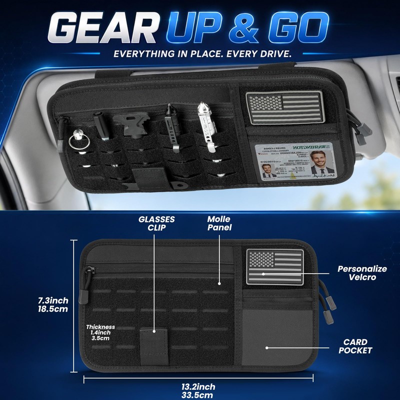 LEPHYON Tactical Car Visor Organizer with Molle Panel, Sunglasses Holder,