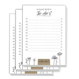 Set of 3 Organiser To-Do Pad - A6 Recycled Paper Notepad, Notes, Shopping List, 50 Sheets Design Tear-Off Pad, White Beige with Flowers, Climate Neutral Production, for Kitchen, Office, Team and