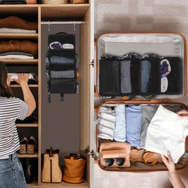 Surblue Travel Hanging Packing Cubes with 2 Hooks Hanging Shelves for Luggage Organizers Portable Compression 4 Shelf Closet Carry-on Suitcases Organizers, Small, Black