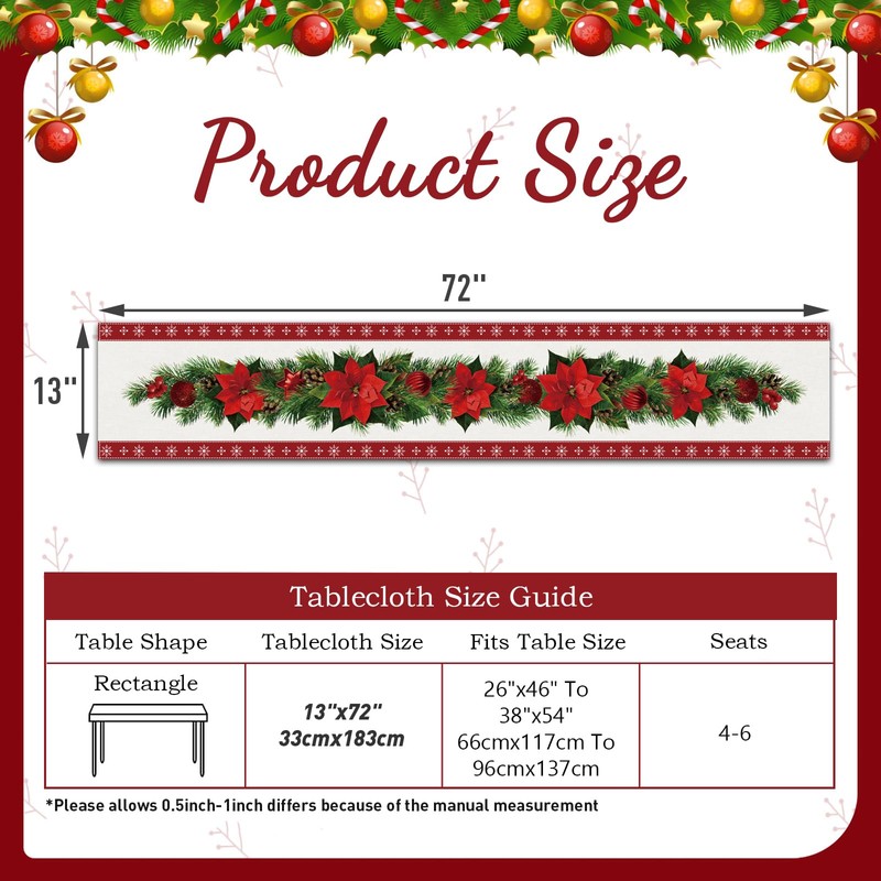 Red Christmas Table Runner 183 x 33cm, Christmas Table Runner