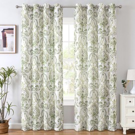 H.VERSAILTEX Sage Green Curtains Linen Curtains 96 Inch Length for Sliding Glass Door Floral Print Semi Sheer Farmhouse Curtains 2 Panels Set, Sage Green, Damask Pattern