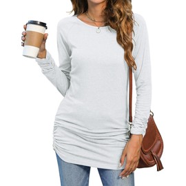 Sherosa Womens Long Sleeve Scoop Neck Tops Slimming Fit Side Ruched Tunic Tops to wear with Leggings(A White,XL)