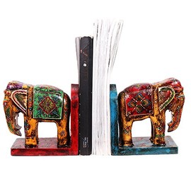 Purpledip Wooden Bookends 'Royal Elephants': Hand-Painted Decor Gift (10259)
