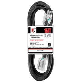 EP 15 Ft Lighted Outdoor Extension Cord - 12/3 SJTW Heavy Duty Black Extension Cable with 3 Prong Grounded Plug - Power Cord for Lawn, Garden, Appliances