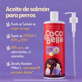 COCO & BELLA Aceite de Salmon Perro 450 mL | Soporte Piel y Pelaje | Omega 3 con EPA y DHA, Origen Noruego - Tamaño Rendidor | Aplicar sobre Croquetas para Perro, Dieta Barf, Premios