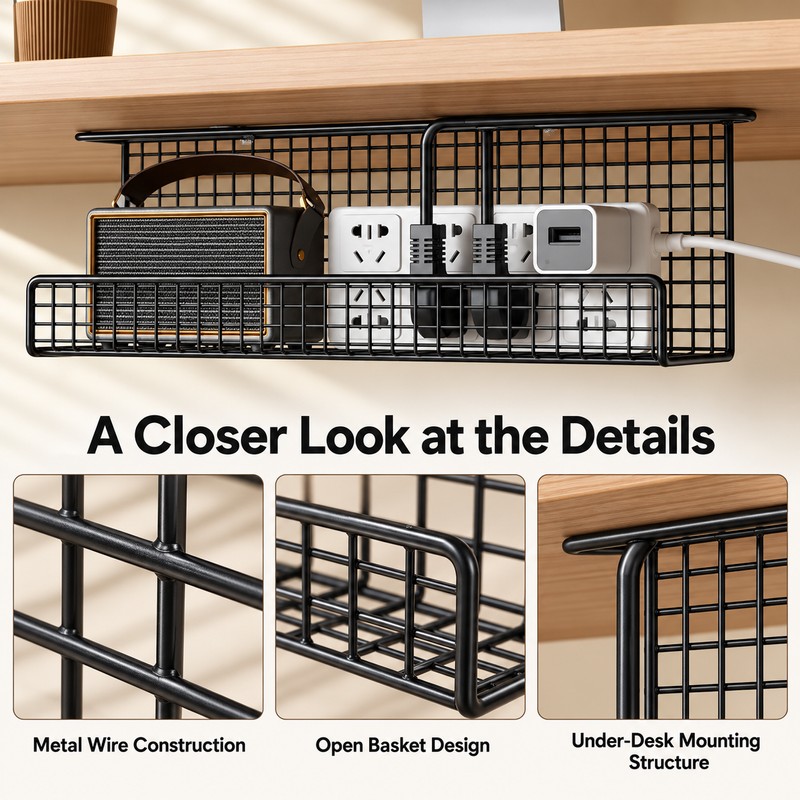 Under-Desk Cable Management Tray for Cord & Power Strip Storage