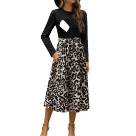 CzzzyL Women Nursing Dresses Breastfeeding Winter Midi Dress Long Sleeve Ribbed Teacher Church Modest Business Cocktail Work Outfits Tie Waist with Pockets Leopard,Medium