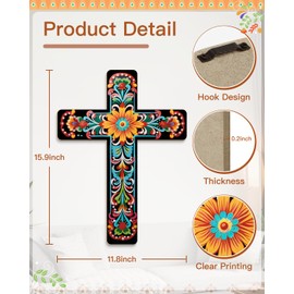 Putuo Decor Floral Cross Wall Decor Hand Painted Decorative Wooden Inspirational Cross Spanish Style Wall Cross Decor Mexican Art Wall Decor Crucifix for Home Room Church Decoration