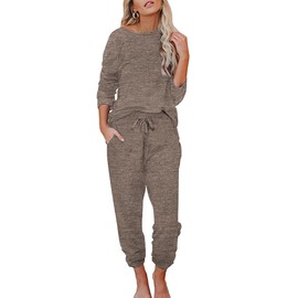 Ekouaer Women's Pyjamas Long Sleeve Pjs Set Warm Loungewear Soft 2 Pieces Ladies Sleepwear with Pockets Winter Coffee M