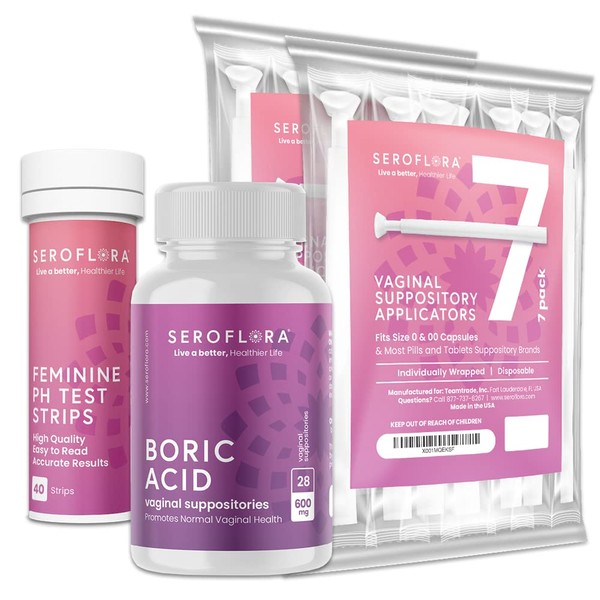 Boric Acid Vaginal Suppositories (28ct) with Disposable Vaginal Suppository Applicators (14ct) and Feminine pH Test Strips (40ct) Support Vaginal Odor, Yeast Infection, Bacterial Vaginosis