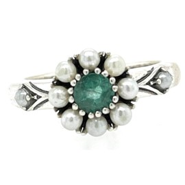Natural Green Emerald, Freshwater Cultured Pearl 925 Sterling Silver Engagement Ring Size 5, 6, 7, 8, 9