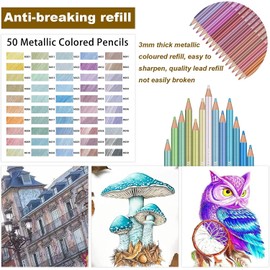 50 Metallic Coloured Pencils for Adult Coloring Books, Soft Core,Ideal for Drawing Blending Shading,Colouring Pencils Set Adults Kids Beginners
