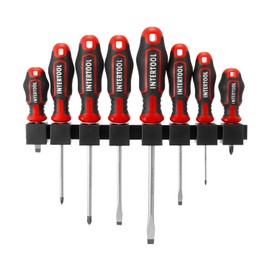 INTERTOOL Magnetic Screwdriver Set with Impact Grade S2 Steel and Ergonomic Cushion Grip Handles 8pc - Wall Mount Rack - Phillips & Flat Head - VT08-3438