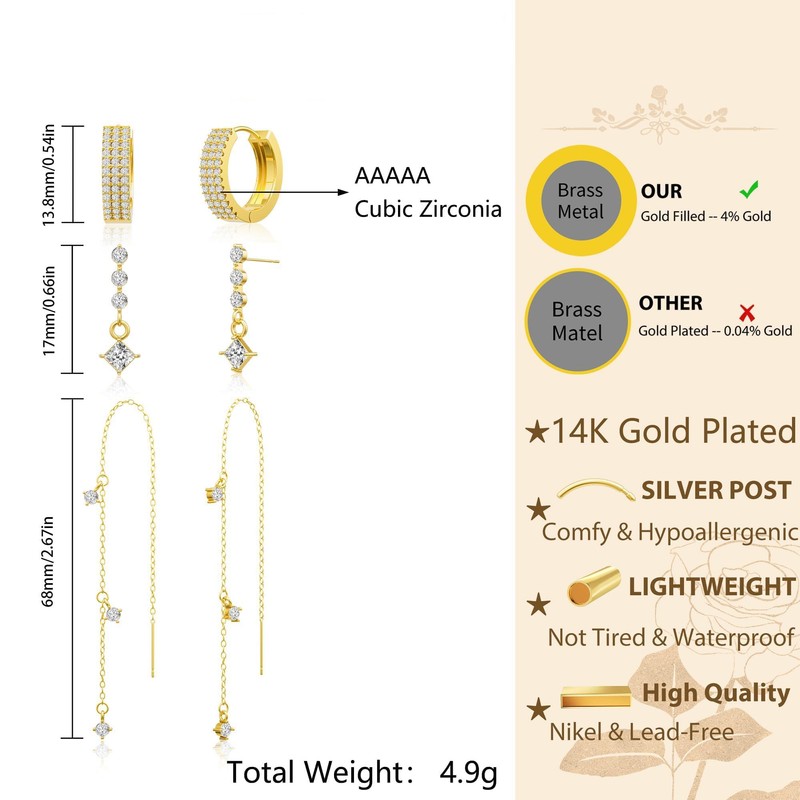 Tewiky Gold Chain Earrings for Women 3/4 Pairs Dangle Dainty